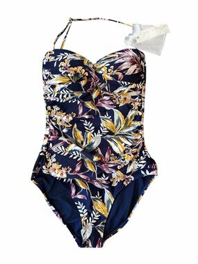 NWT Anne Cole Navy One-Piece Halter Neck Tropical Print Swimsuit (10) Vacation